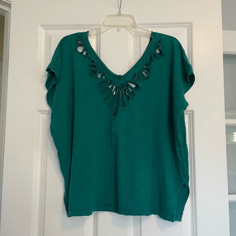 Free People Blue Green Teal Cutout Short Sleeve Top